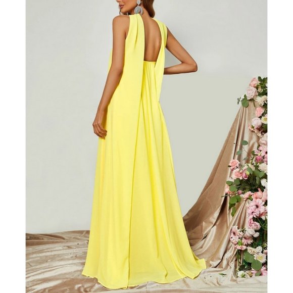 Choker Neck Backless Maxi Dress Yellow FORMAL PROM WEDDING DATE VACATION - Picture 7 of 7